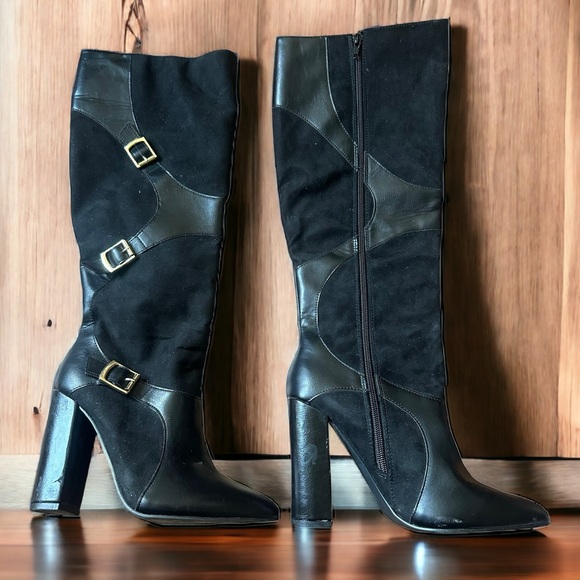 JustFab Shoes - Yelda Black Knee Boots Gold Tone Buckles Size 7.5 Just Fab